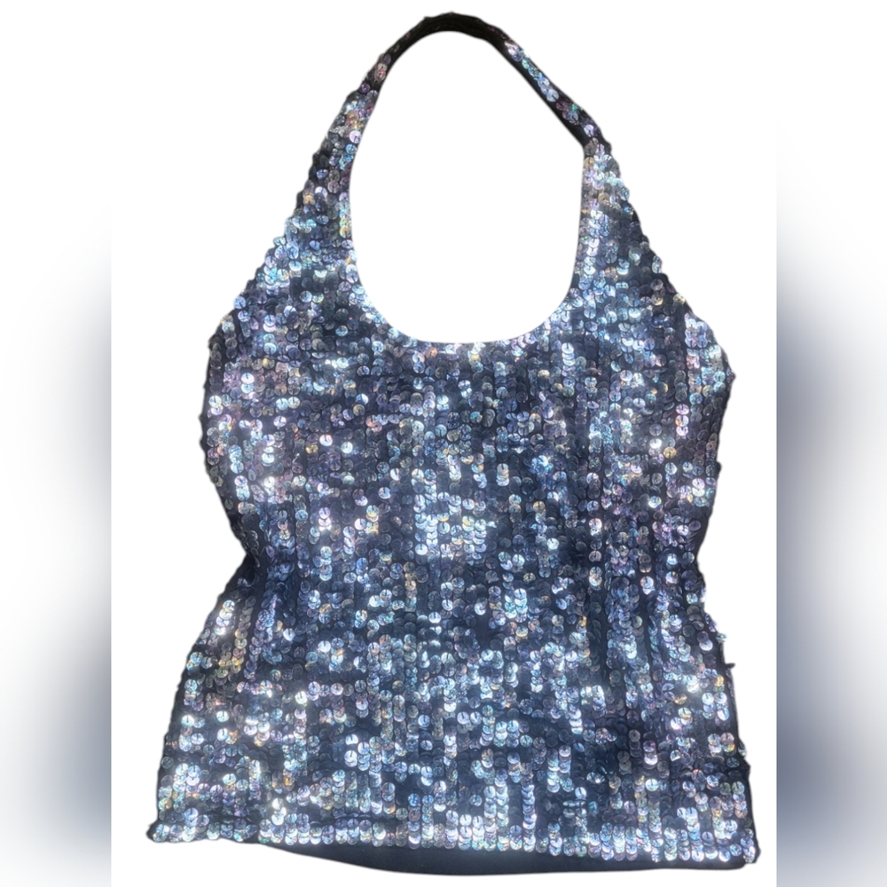 SMARTSET - Blue & Silver Sequined Halter Top w/ Stretchy Back Fabric Size Large